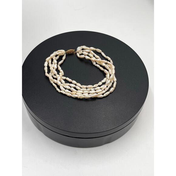 Yellow‎ Gold Clasp Multi Strand White Textured Freshwater Rice Pearl bracelet - Picture 2 of 8
